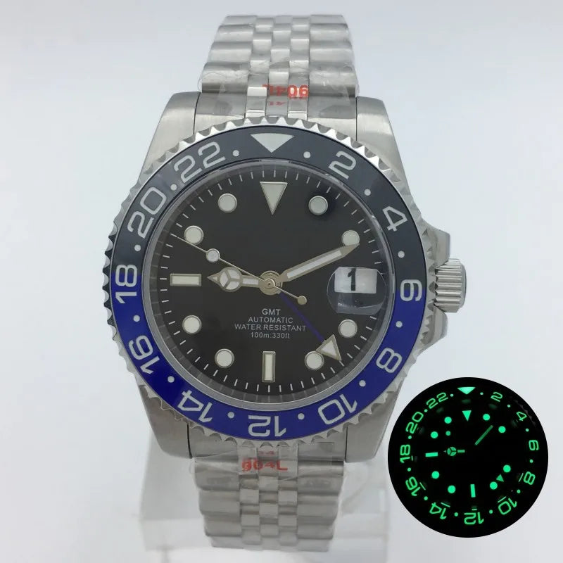 BLIGER 40mm NH34 GMT Watch For Men Mechanical Wristwatch Luminous Bezel Sapphire Glass Stainless Steel Bracelet Men's Watch