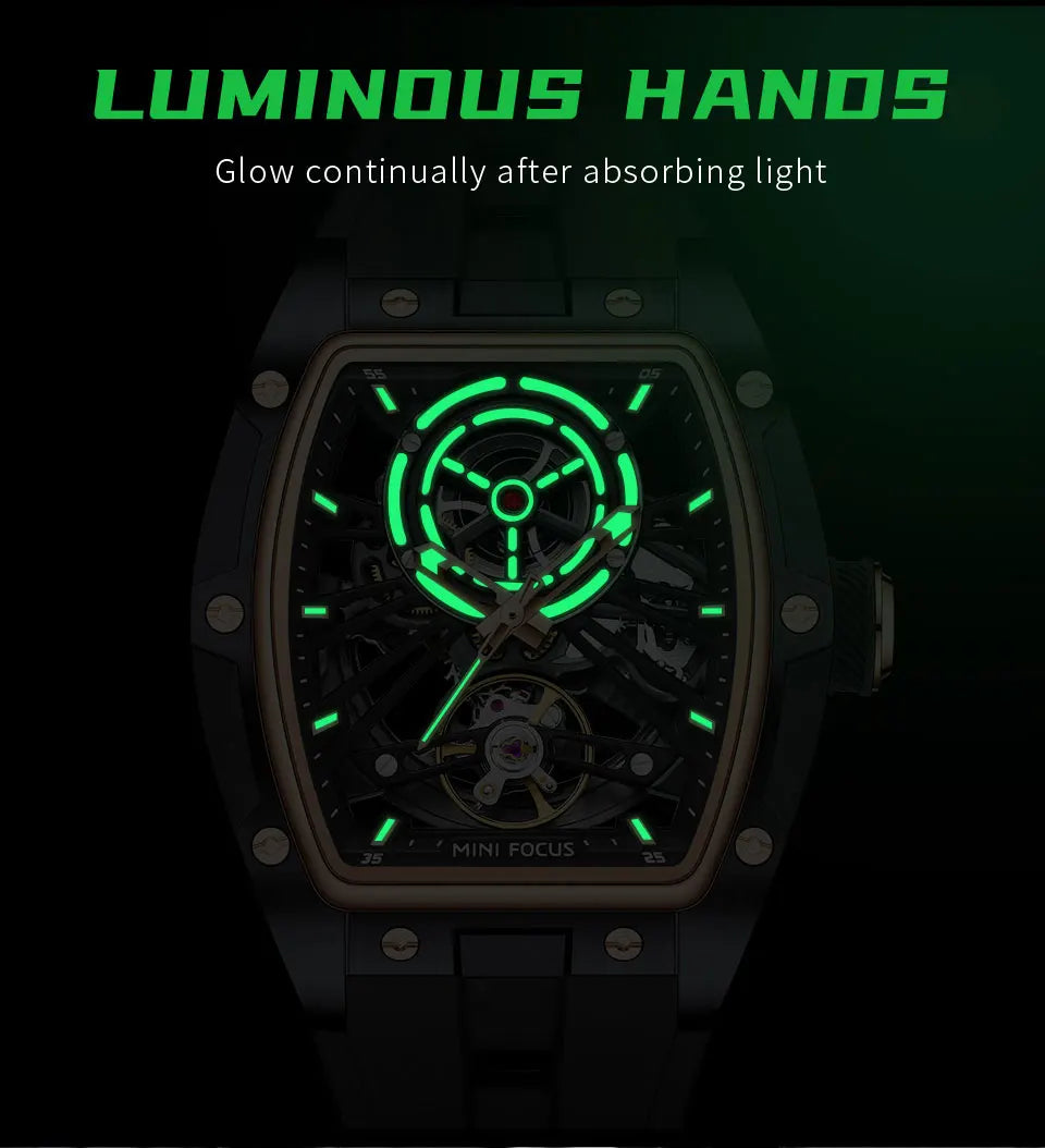 MINI FOCUS Men's Wristwatch Fashion Black Waterproof Automatic Mechanical Watch with Luminous Hands Silicone Strap Tonneau Dial