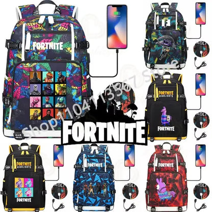 Mochila Red Jade F-Fortnited Battle Royale com carregamento USB, figuras anime e compartimento para material escolar para estudantes