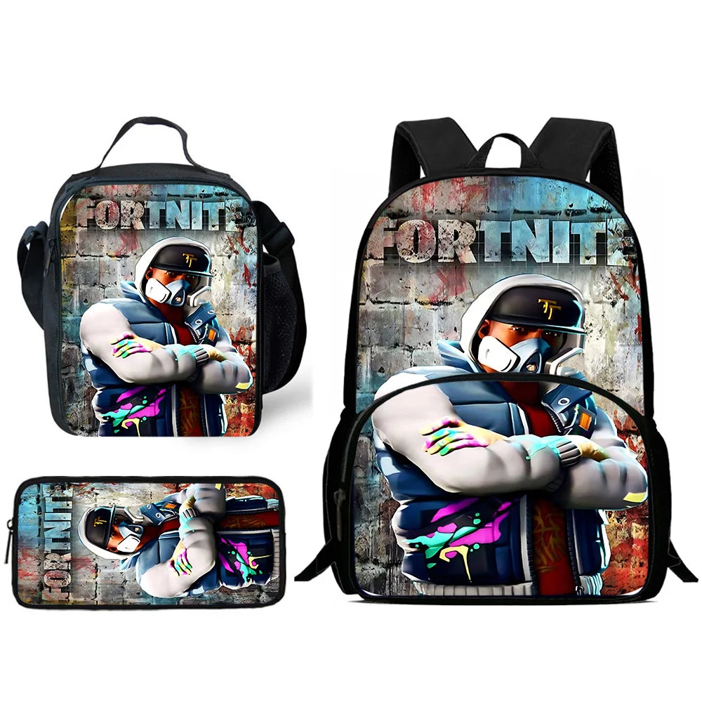 Mochilas Infantis com Design de Jogo Popular, Saco de Almoço e Estojo, Mochilas Escolares de Grande Capacidade para Alunos, Rapaz e Rapariga, Melhor Presente F-FortniteS