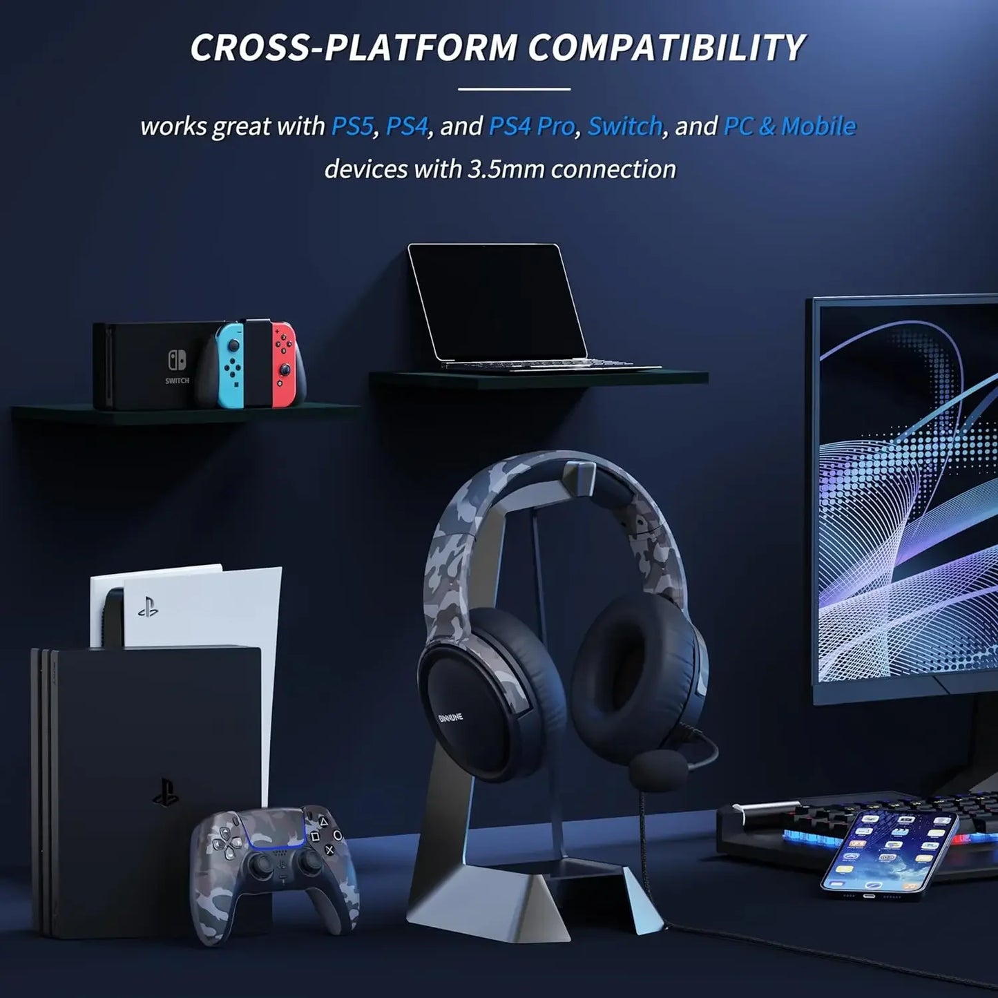 Gaming Headset with Mic for PC PS5 PS4 Xbox One Switch, Wired Gamer Headphones Over-Ear Headphones