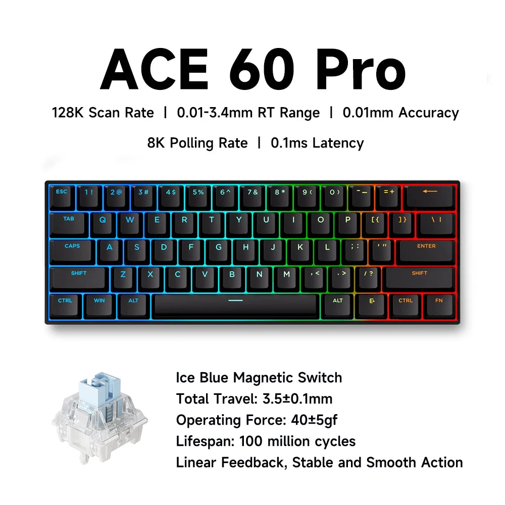 Tastiera gaming MCHOSE ACE 68 con switch magnetici Hall Effect, Rapid Trigger, RGB programmabile, 8K Hz, DKS/MT/TGL/RS/SOCD