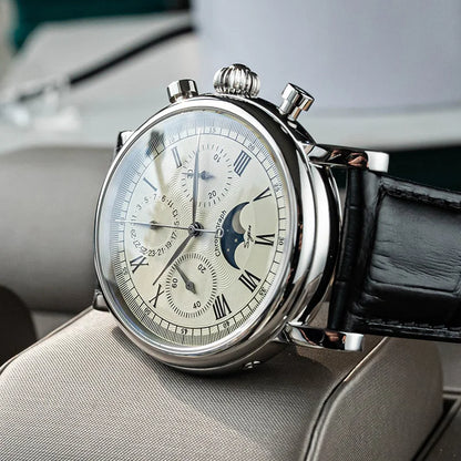 Sugess Men Watch ST1908 Swanneck Movement Mechanical Chronograph Wristwatch Genuine Moonphase Calendar Vintage Leather NEW 2023