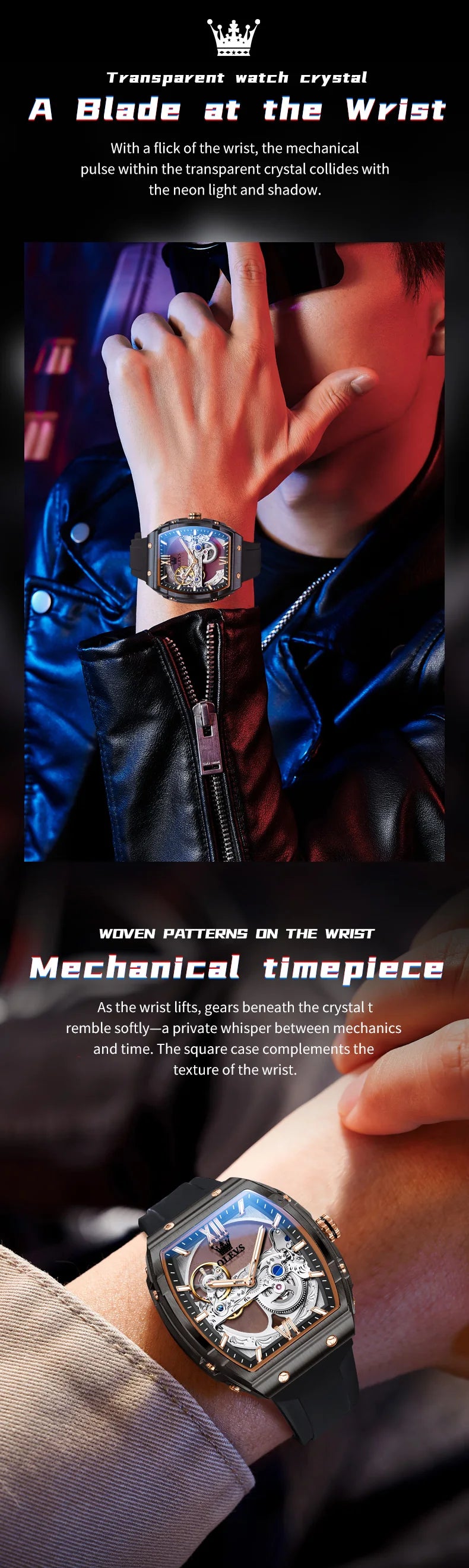 OLEVS 6779 Men's Watch Skeleton Mechanical Watch Fashion Business Sport Waterproof Luminous Silicone Strap Watches For Men