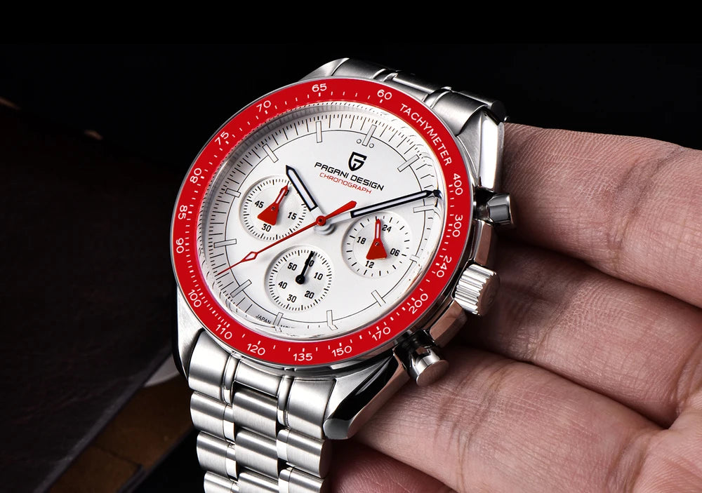 Reloj para hombre PAGANI DESIGN «New Moon» – Reloj de cuarzo de lujo, cronógrafo, cristal de zafiro con tratamiento antirreflectante, bisel de cerámica, agujas luminiscentes