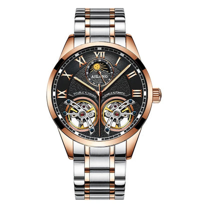 AILANG Double Tourbillon Design Business Men Mechanical Watch Fashion Leather Moon Phase Automatic Watches for Men Reloj Hombre