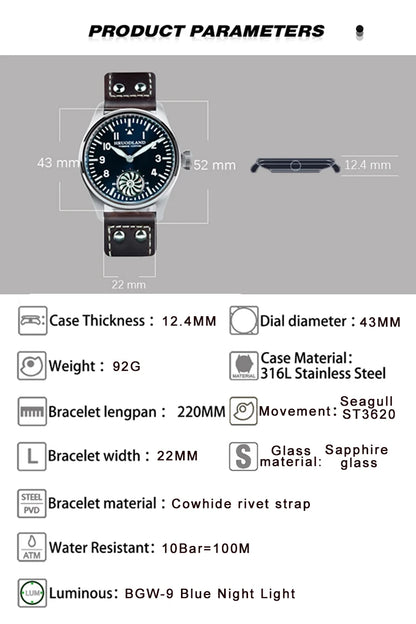 Hruodland Pilot St3620 Retro Men's Manual Mechanical Watch Luxury Sapphire Bgw-9 Night Light Turbine Waterproof 5Bar