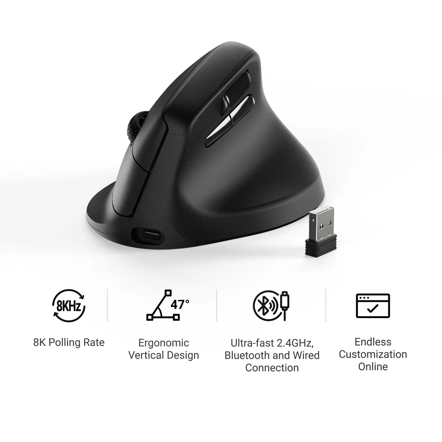 Rato Ergonómico Sem Fios Keychron M5 Ótico com Taxa de Polling 8K, 2.4GHz e Bluetooth, USB Type-C, Sensor 3950