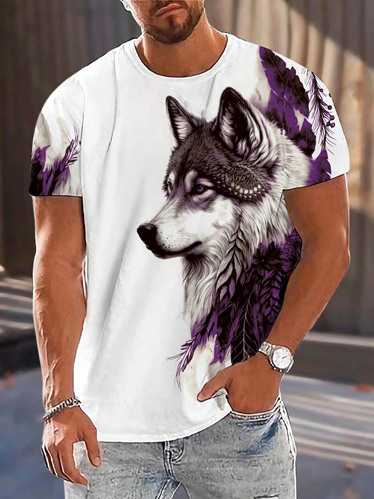 T-shirt de homem com estampado de lobo e olhos diferentes — T-shirt casual diária masculina, moda urbana streetwear, manga curta, verão, desporto ao ar livre
