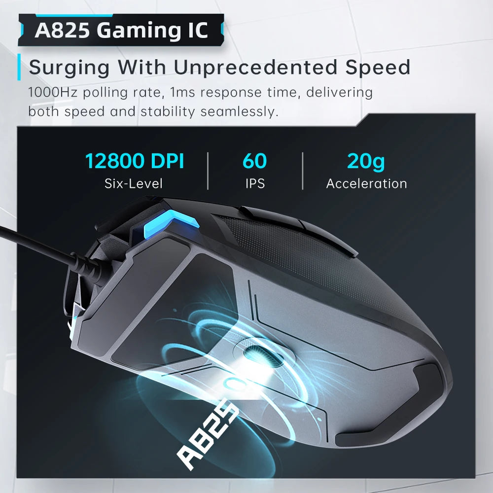 Mouse gaming cablato Machenike M7Pro USB Instant A825 12800DPI 1000Hz 7 pulsanti 65g RGB per laptop e PC