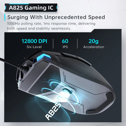 Mouse gaming cablato Machenike M7Pro USB Instant A825 12800DPI 1000Hz 7 pulsanti 65g RGB per laptop e PC