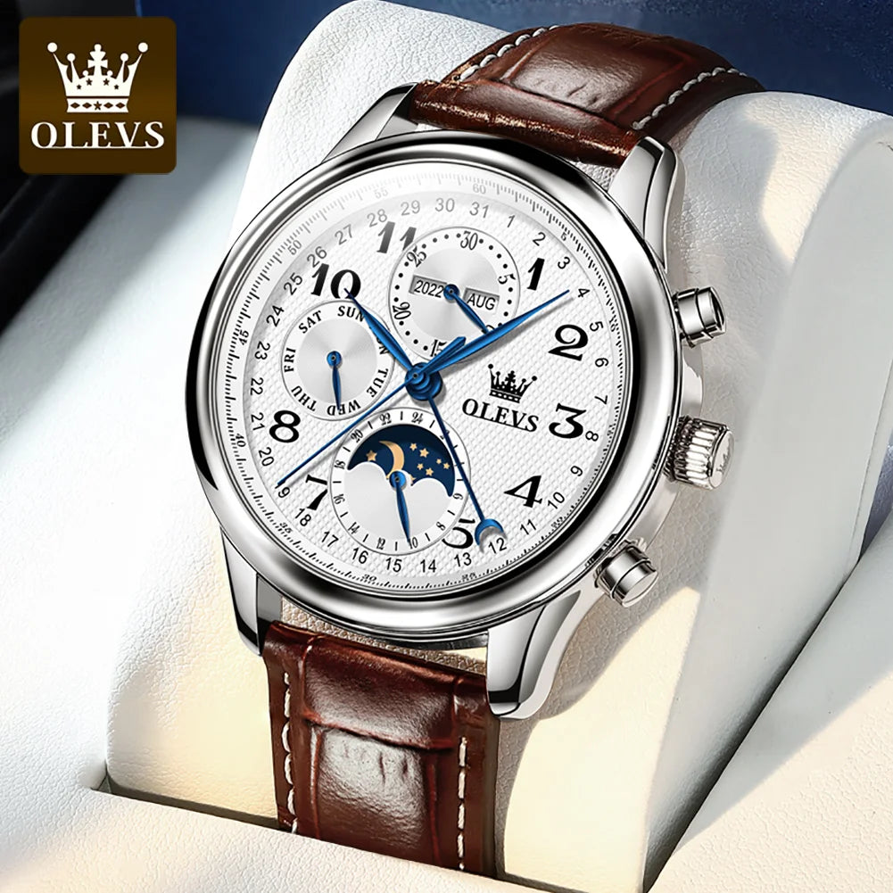 OLEVS 6667 Mens Watch Multifunctional Chronograph Mechanical Watch Leather Strap Moon Phase Watches For Man Luxury Original