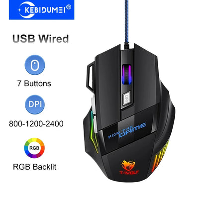KEBIDUMEI кабелна геймърска мишка със 7 бутона, RGB подсветка, ергономична USB мишка, 2400 DPI, 3 нива на DPI за PC, лаптоп, Windows и Mac OS