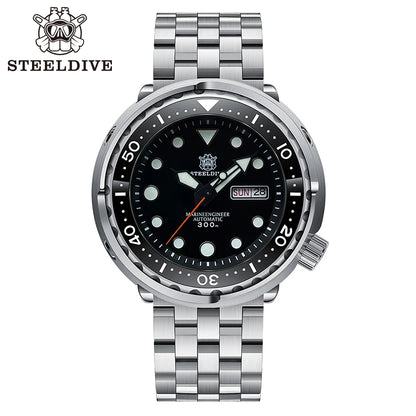 STEELDIVE SD1975W Black Dial Day and Date Function NH36 Automatic Movement 47.5mm Super Luminous 300M Waterproof Tuna Can Watch