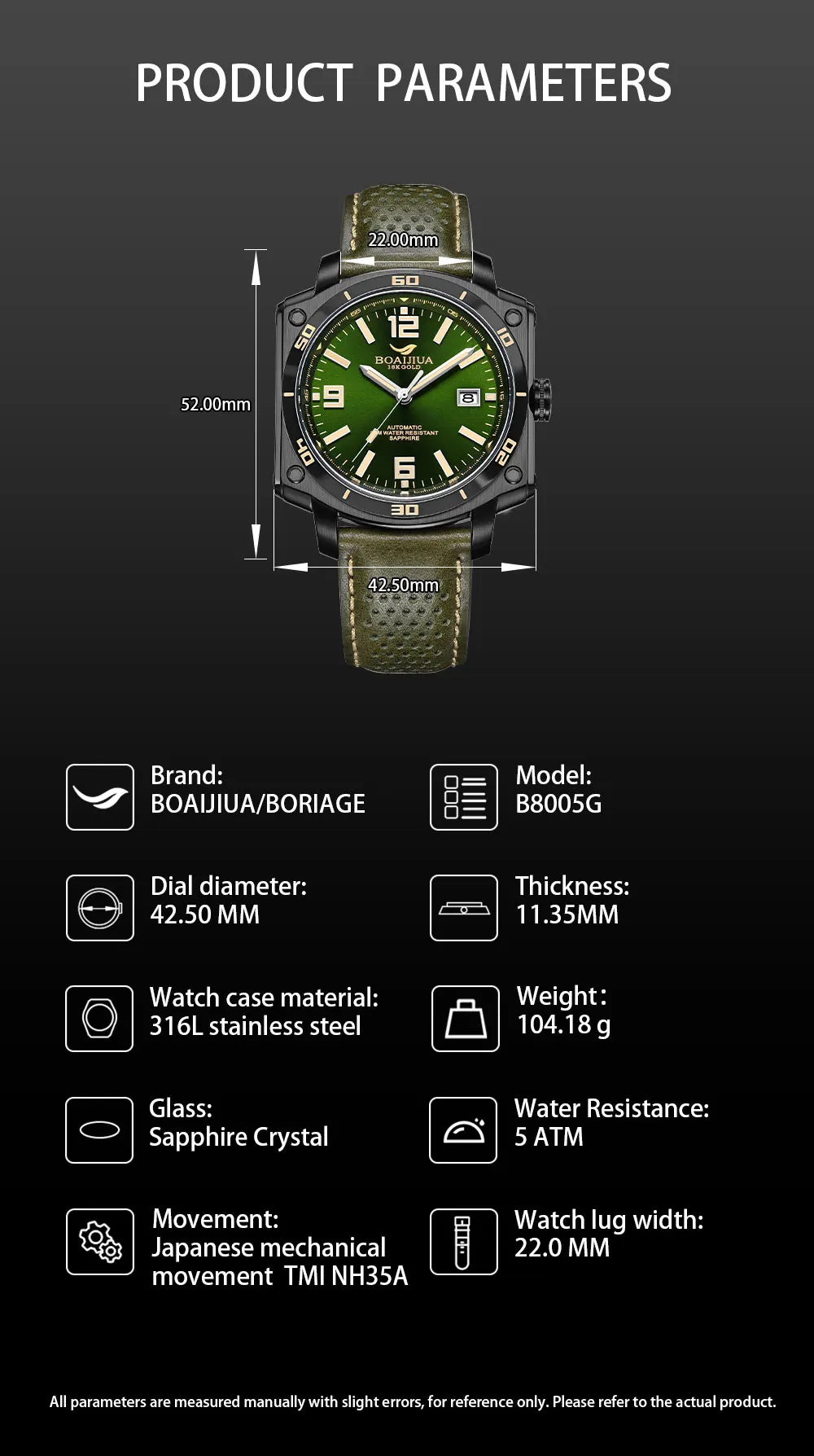 BORIAGE(BOAIJIUA) NH35 Fully Automatic Mechanical Men's Watch Original Design Mechanical Watches  Luminous Wristwatch