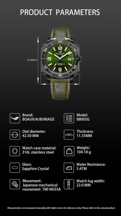 BORIAGE(BOAIJIUA) NH35 Fully Automatic Mechanical Men's Watch Original Design Mechanical Watches  Luminous Wristwatch