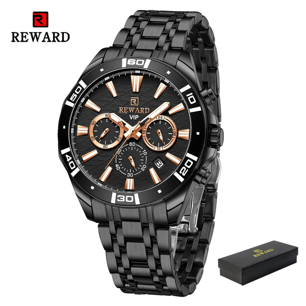 REWARD Mens Watches Waterproof  Luminous Quartz Wristwatch Business Stainless Steel Strap with gift box
