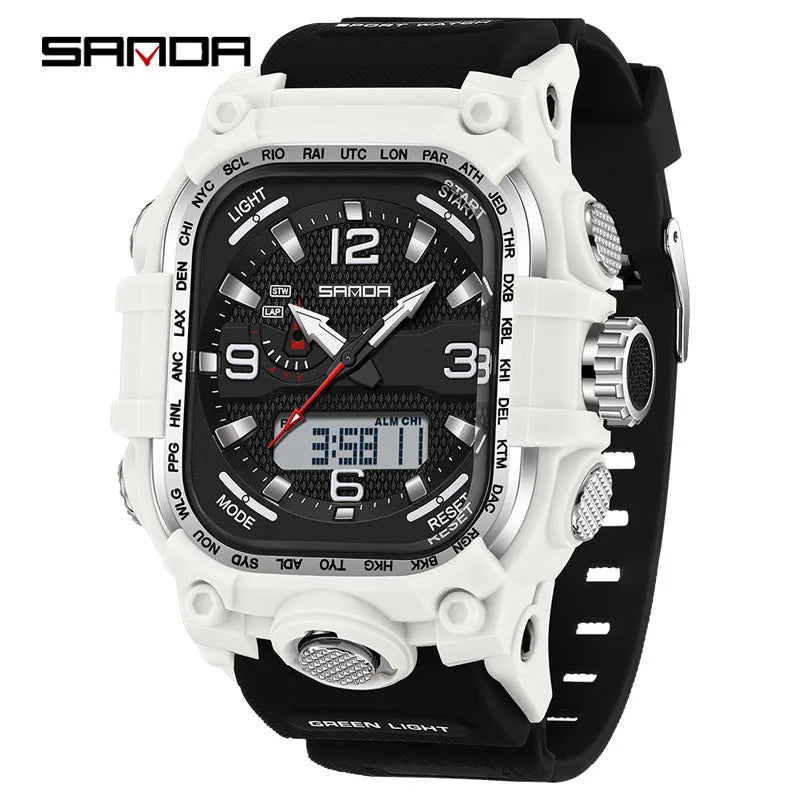 SANDA 6310 Men's Electronic Watch Multifunctional Luminous Alarm Clock Calendar Stopwatch Dual Display Digital Watches for Man