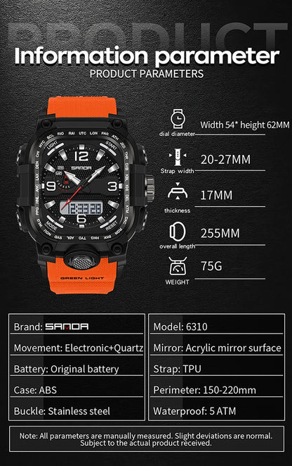 SANDA 6310 Men's Electronic Watch Multifunctional Luminous Alarm Clock Calendar Stopwatch Dual Display Digital Watches for Man