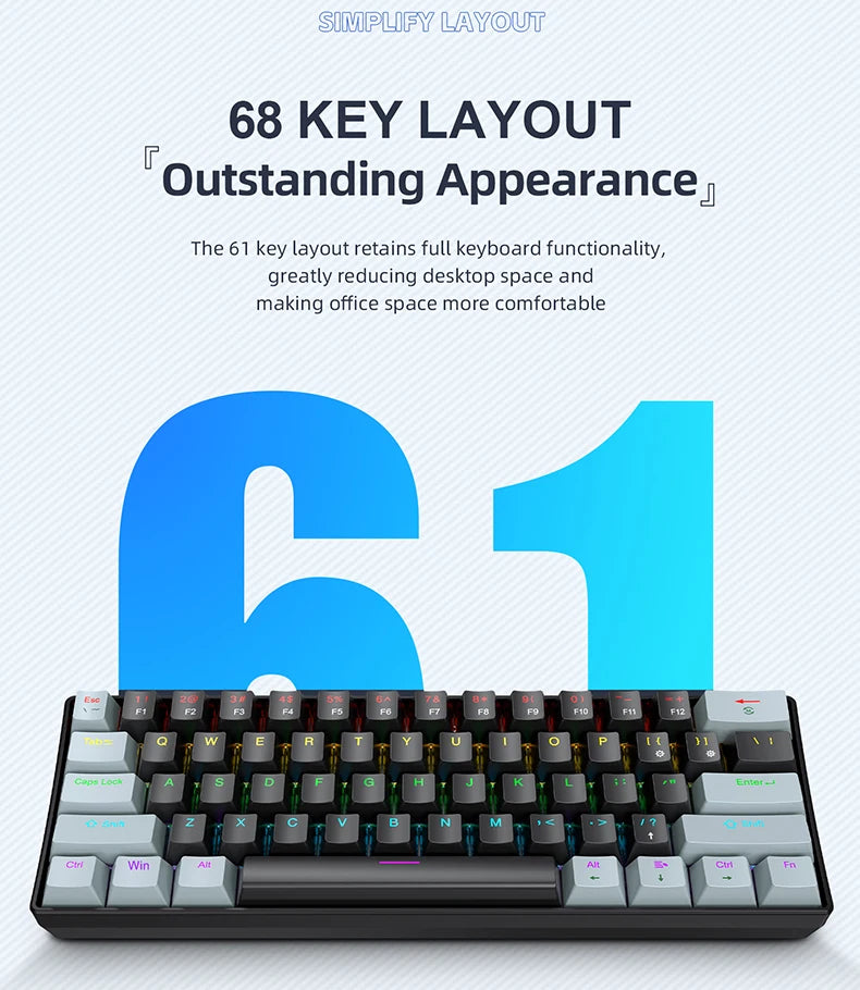 Teclado Mecânico Mini APAYADO K61, Com Fios, 61 Teclas, Phantom RGB, Switch Mecânico Vermelho/Azul Preto/Branco para Gaming, 60% Portátil