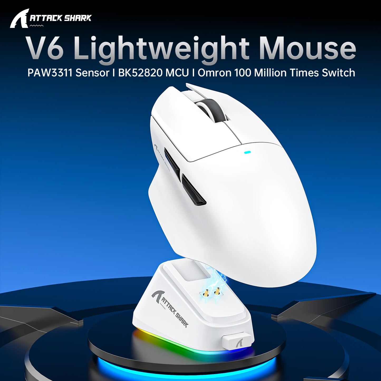 ATTACK SHARK V6 Wireless Gaming Superlight Mouse with RGB Magnetic Charging Dock, PAW3311 Sensor, Macro Gaming Mouse