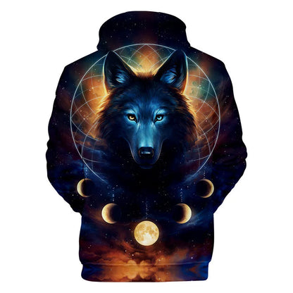 Sweatshirt com Capuz Cool Space Galaxy Wolf para Homem — Lobo Brilhante, Estilo Fashion, Pullover de Primavera e Outono