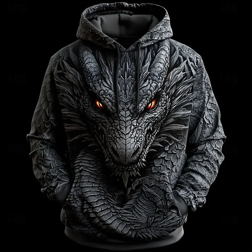 Sweatshirts com Capuz 3D Dragon para Homem, Estilo Moderno e Casual, Manga Comprida, Gola Redonda, para Festa, Férias e Streetwear, Outono/Inverno, Casaco de Fato de Treino