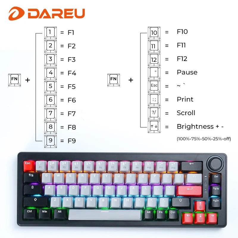 DAREU 2.4G Wireless Mechanical Gaming Keyboard 4000mAh Red Switch All Key Non-conflict Rainbow Lighting with Multifunction Knob