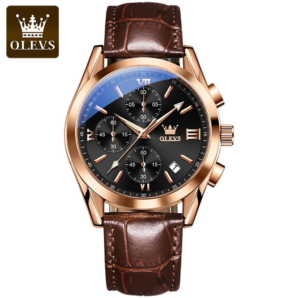 OLEVS 2872 Men’s Chronograph Wristwatch – Leather strap, water-resistant, luminescent hands, quartz movement, luxury sports style