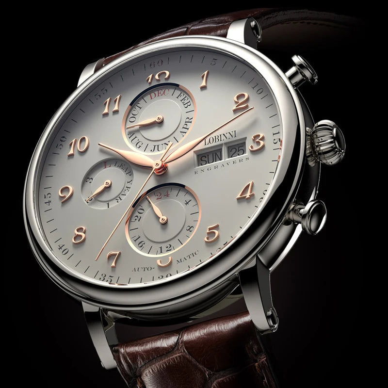 Reloj de lujo suizo LOBINNI para hombre, mecánico automático con calendario perpetuo, cristal de zafiro y multifunción L13019-8