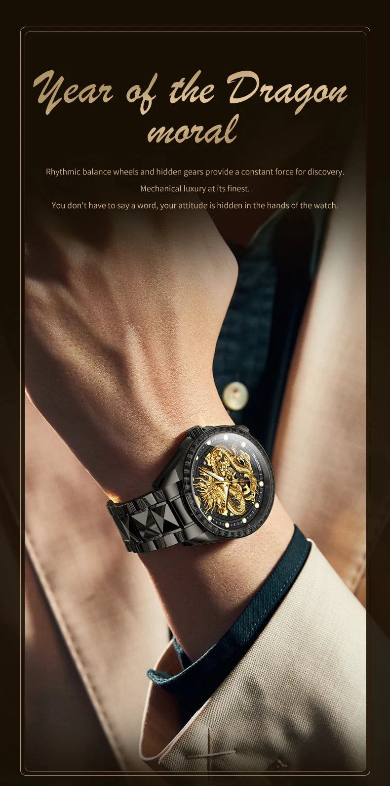 OUPINKE Orologio da uomo Top Brand di lusso in oro e acciaio al tungsteno, orologio da polso meccanico automatico originale con quadrante con motivo drago