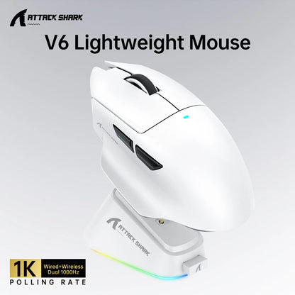 ATTACK SHARK V6 Wireless Gaming Superlight Mouse with RGB Magnetic Charging Dock, PAW3311 Sensor, Macro Gaming Mouse