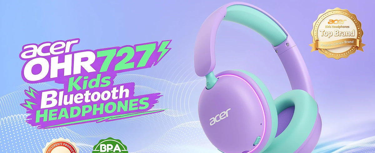 Casque Bluetooth 6.0 pour enfants Acer OHR727 avec lumières LED, conception confortable circumaurale, volume sécurisé de 85 dB, autonomie de 110 heures, microphone intégré