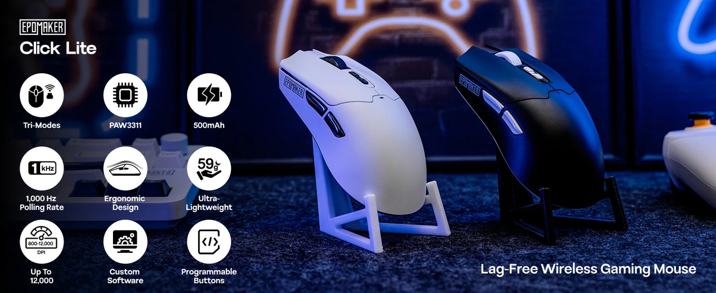 Rato Gaming sem Fios/BT/2.4GHz e com Fio EPOMAKER Click Lite, Sensor PAW3311, 800 a 24000 DPI, com Bateria de 500mAh para PC/Mac/Linux