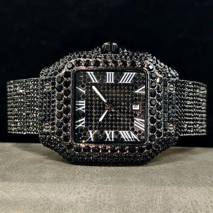 Green Diamond Watch For Men Brand UNIGUET Fashion Roman Literal Quartz Clock Man Hip Hop Iced Jewelry Square Wristwatch 2025 New