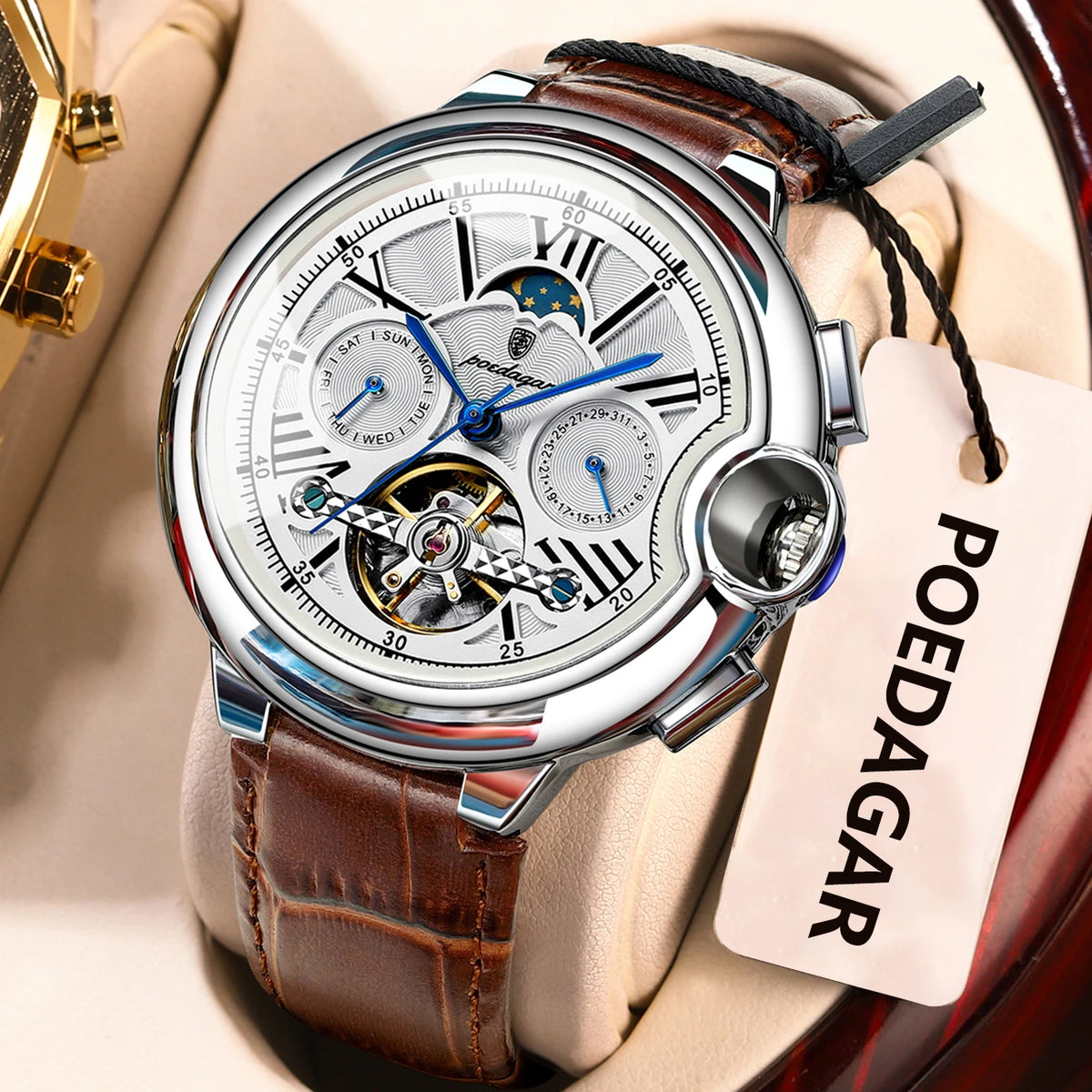Pánské hodinky POEDAGAR, luxusní a profesionální styl, s ukazatelem data a dne v týdnu, tourbillonem, pouzdrem z nerezové oceli, automatickým mechanickým strojkem a vodotěsností.
