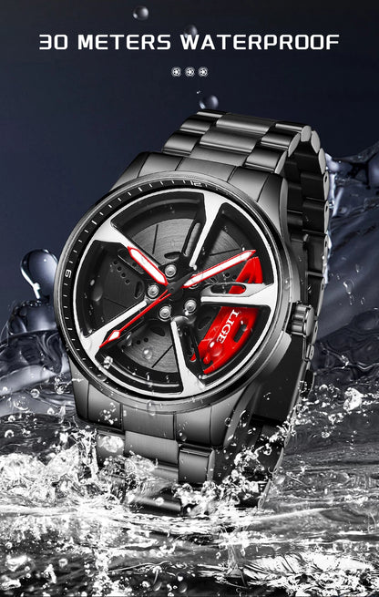 LIGE New Sport 3d Car Wheel Rim Hub Watch Fashionable Rotating Dial Stainless Steel Strap Waterproof Quartz Watches reloj hombre