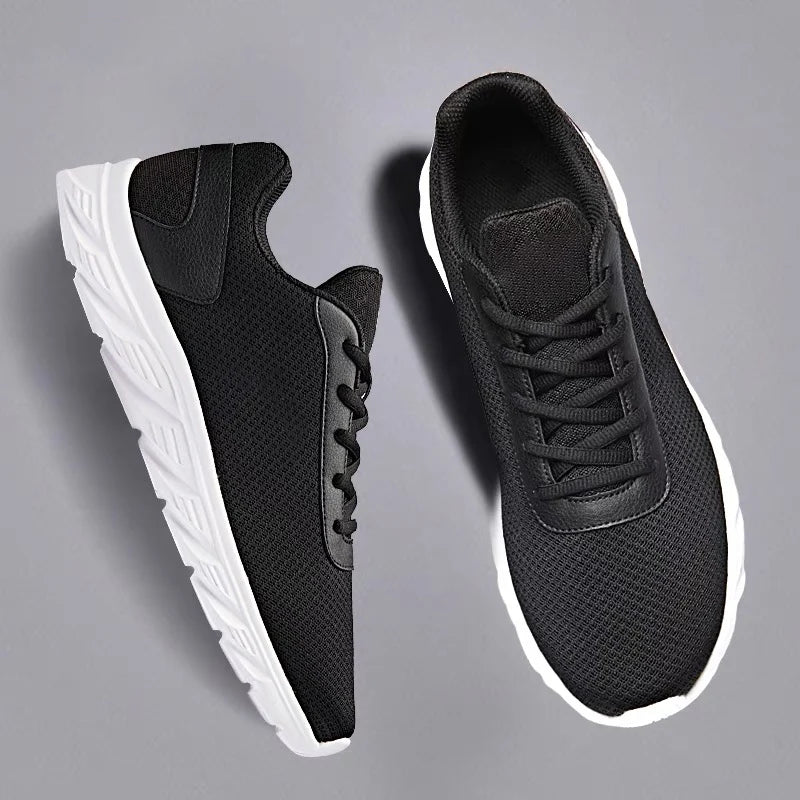 Men's Casual Sports Shoes, Black Mesh Breathable Running Shoes, Soft Sole Lightweight Flat Work Shoes