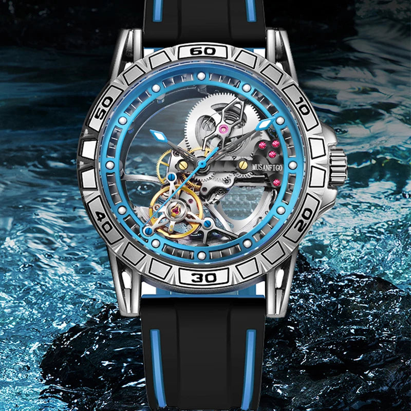 MUSANFIGO hollowed out fully automatic men's watch with mechanical movement, men's night light waterproof trendy watch