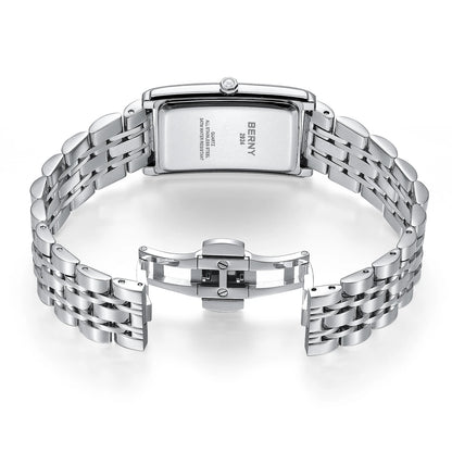 BERNY square men’s watch – Quartz movement, Roman numeral dial, luminescent display, 316L stainless steel case – An elegant and casual rectangular watch
