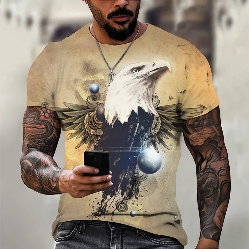 T-shirt para Homem com Águia Divertida Estampada em 3D, T-shirts com Padrão Animal Cool, Verão Harajuku, Corte Largo, Gola Redonda, Manga Curta, T-shirts para Criança