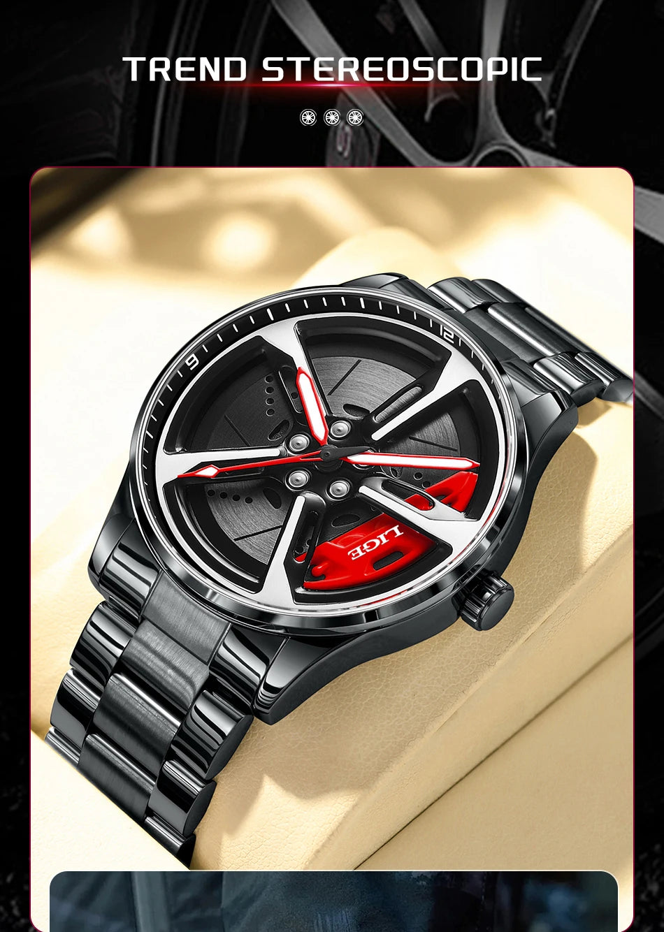 LIGE New Sport 3d Car Wheel Rim Hub Watch Fashionable Rotating Dial Stainless Steel Strap Waterproof Quartz Watches reloj hombre