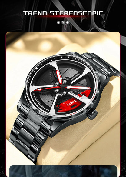 LIGE New Sport 3d Car Wheel Rim Hub Watch Fashionable Rotating Dial Stainless Steel Strap Waterproof Quartz Watches reloj hombre