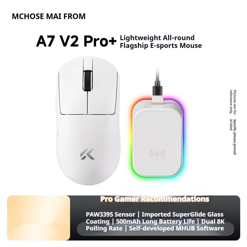 Rato sem fios MCHOSE A7 V2 Ultra+ Tri-Mode leve Paw3950 Ti 42000dpi 500mah para PC, eSports e portátil — acessórios gaming
