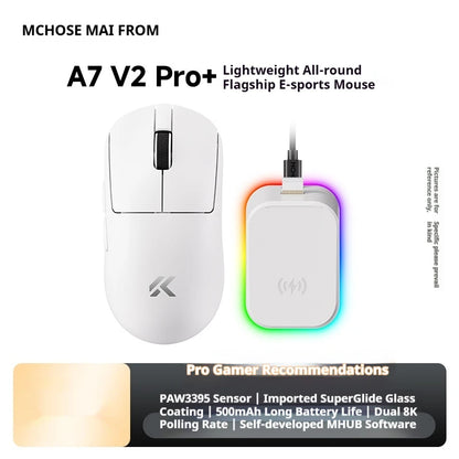 Rato sem fios MCHOSE A7 V2 Ultra+ Tri-Mode leve Paw3950 Ti 42000dpi 500mah para PC, eSports e portátil — acessórios gaming