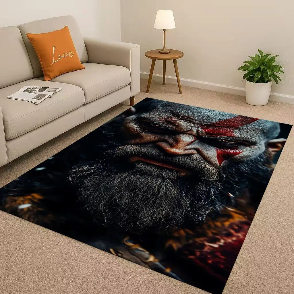 Game God of War Kratos Cartoon Gamer Living Room Non-Slip Area Rug Soft Carpet for Bedroom Playroom Sofa,Easy Clean Home Doormat