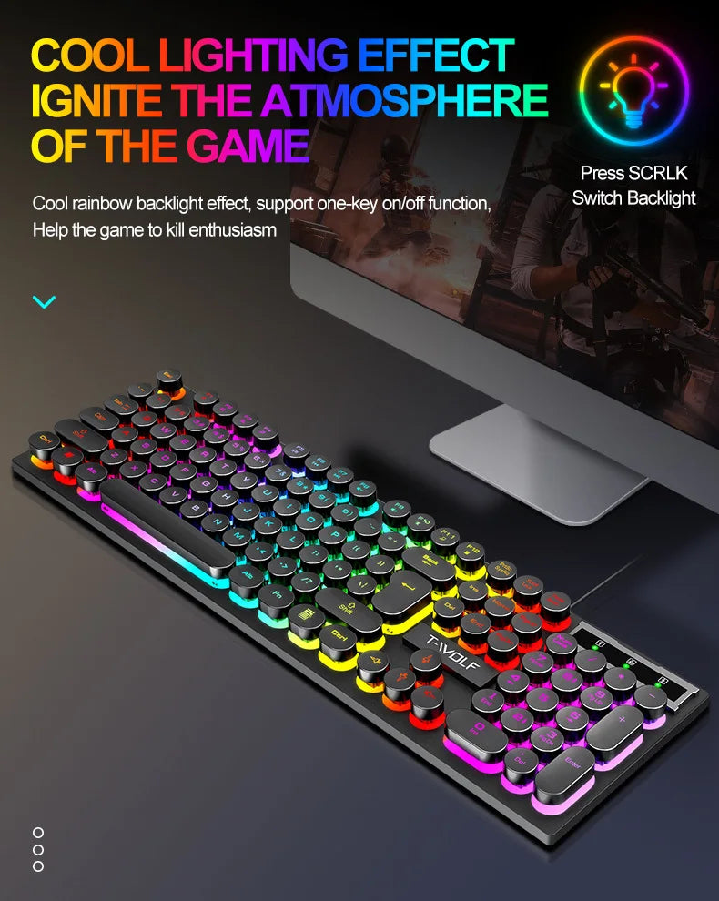 Typewriter style Mechanical feel Gaming Keyboard, Wired, RGB Backlit, Round Keycaps Mouse and Keyboard Bundle Waterproof 104-Key