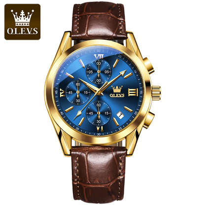 OLEVS 2872 Men’s Chronograph Wristwatch – Leather strap, water-resistant, luminescent hands, quartz movement, luxury sports style
