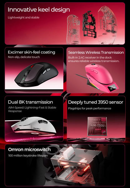 DAREU Wireless Gaming Mouse 8kHz Polling Rate AIM-750 (3950) 30000 DPI Tri-Mode Mouse Gamer 60g with Charging Base