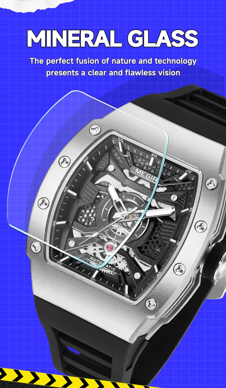 MEGIR Men's Automatic Mechanical Watch with Stainless Steel Case Sillicone Strap Fashion Waterproof Luminous Wristwatch 8604